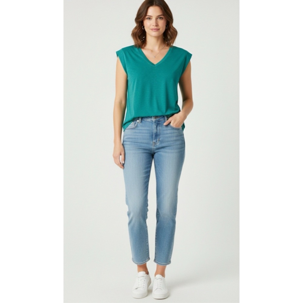 WHBM White House Black Market Power Tee V-Neck Top Teal Green Blue Large